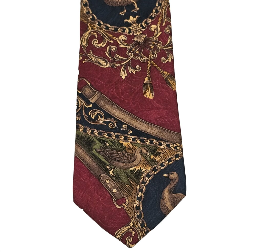 Bugatti 100% Italian Silk Men's Tie USA VTG Blue Red 3.75" x 57" Ducks baroque